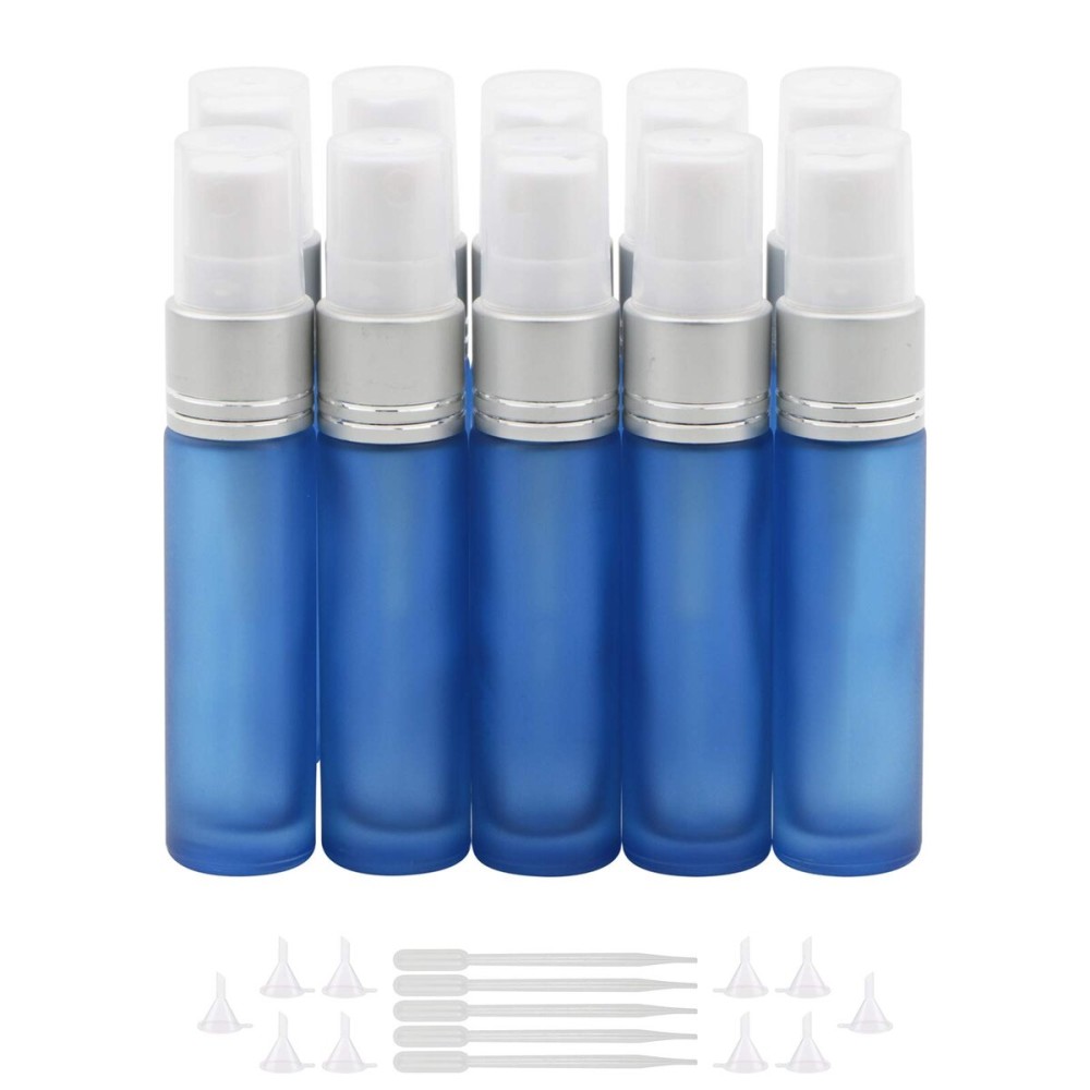 Newzoll 10ml Frosted Dark Blue Glass Spray Bottles with 10 Funnels 5 Pipettes, Small Fine Mist Sprayer Bottles Vials Tube Containers for Essential Oils Perfume Cosmetic, Pack of 10