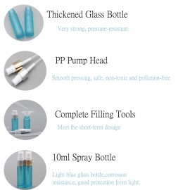 JIUWU 10pcs Light Blue 10ml 1/3oz Atomizer Spray Glass Bottle Vial Refillable Perfume Empty Fine Mist Sample Bottle Silver Gold Cap Container for Travel Party 5 Droppers + 10 Funnels + 154 Labels