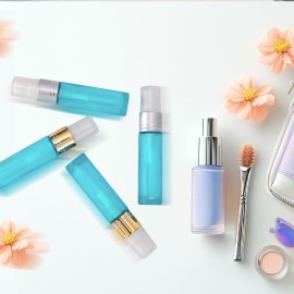 JIUWU 10pcs Light Blue 10ml 1/3oz Atomizer Spray Glass Bottle Vial Refillable Perfume Empty Fine Mist Sample Bottle Silver Gold Cap Container for Travel Party 5 Droppers + 10 Funnels + 154 Labels