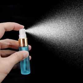 JIUWU 10pcs Light Blue 10ml 1/3oz Atomizer Spray Glass Bottle Vial Refillable Perfume Empty Fine Mist Sample Bottle Silver Gold Cap Container for Travel Party 5 Droppers + 10 Funnels + 154 Labels