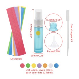 JIUWU 10pcs Light Blue 10ml 1/3oz Atomizer Spray Glass Bottle Vial Refillable Perfume Empty Fine Mist Sample Bottle Silver Gold Cap Container for Travel Party 5 Droppers + 10 Funnels + 154 Labels
