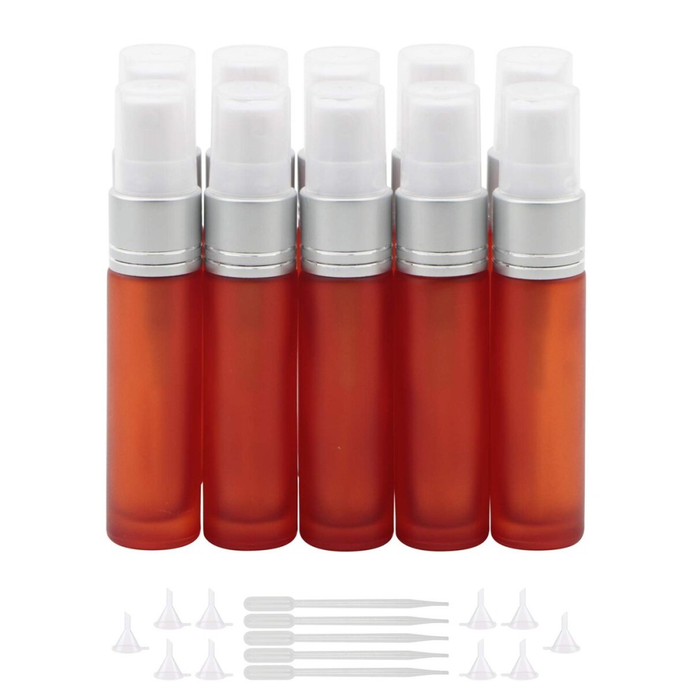 Newzoll 10ml Frosted Orange Glass Spray Bottles with 10 Funnels 5 Pipettes, Small Fine Mist Sprayer Bottles Vials Tube Containers for Essential Oils Perfume Cosmetic, Pack of 10
