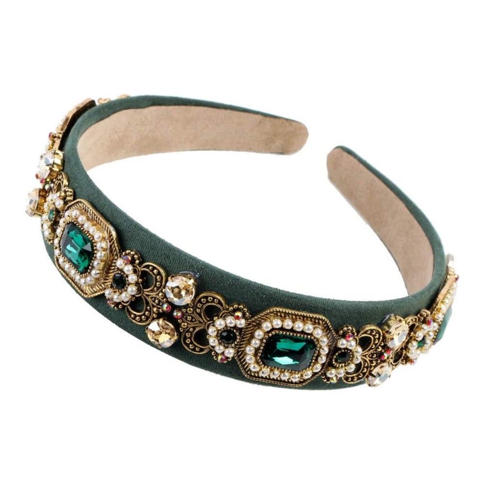 Simulated Pearl Bead Vintage Crystal Headbands for Women Fashion Rhinestone Flower Leaf Alloy Metal Charm Hairbands Hair Jewelry (green)