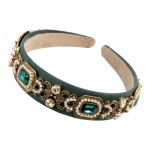 Simulated Pearl Bead Vintage Crystal Headbands for Women Fashion Rhinestone Flower Leaf Alloy Metal Charm Hairbands Hair Jewelry (green)