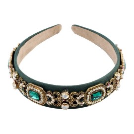 Simulated Pearl Bead Vintage Crystal Headbands for Women Fashion Rhinestone Flower Leaf Alloy Metal Charm Hairbands Hair Jewelry (green)