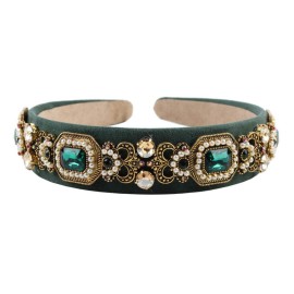 Simulated Pearl Bead Vintage Crystal Headbands for Women Fashion Rhinestone Flower Leaf Alloy Metal Charm Hairbands Hair Jewelry (green)