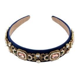 Simulated Pearl Bead Vintage Crystal Headbands for Women Fashion Rhinestone Flower Leaf Alloy Metal Charm Hairbands Hair Jewelry (navy)