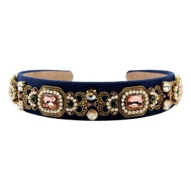 Simulated Pearl Bead Vintage Crystal Headbands for Women Fashion Rhinestone Flower Leaf Alloy Metal Charm Hairbands Hair Jewelry (navy)