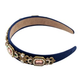 Simulated Pearl Bead Vintage Crystal Headbands for Women Fashion Rhinestone Flower Leaf Alloy Metal Charm Hairbands Hair Jewelry (navy)