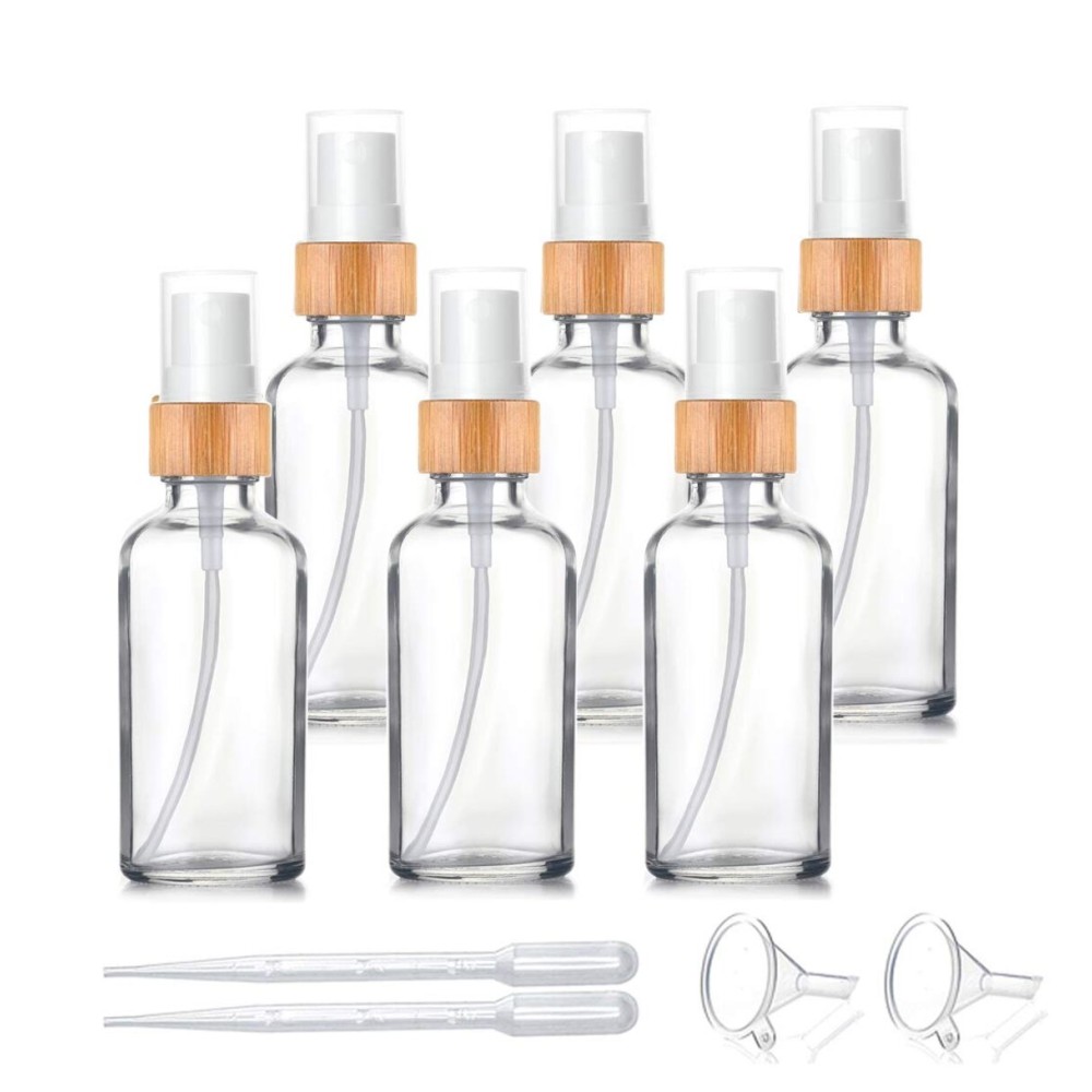 6 Pack,1.7 oz Clear Glass Atomizer Bottle for Essential Oils,Empty Portable Glass Perfume Spray Bottle with Bamboo Cap Travel Fine Mist Vial Liquid Cosmetic Container