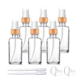 6 Pack,1.7 oz Clear Glass Atomizer Bottle for Essential Oils,Empty Portable Glass Perfume Spray Bottle with Bamboo Cap Travel Fine Mist Vial Liquid Cosmetic Container