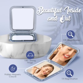 MIRRORVANA Small Travel Makeup Mirror with 12X and 1X Magnification - Compact, Pocket-Size, Handheld - Magnified Compact Mirror for Close Up Cosmetic Application and Tweezing - Square 3.3 x 3.3