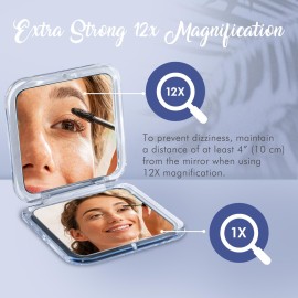 MIRRORVANA Small Travel Makeup Mirror with 12X and 1X Magnification - Compact, Pocket-Size, Handheld - Magnified Compact Mirror for Close Up Cosmetic Application and Tweezing - Square 3.3 x 3.3