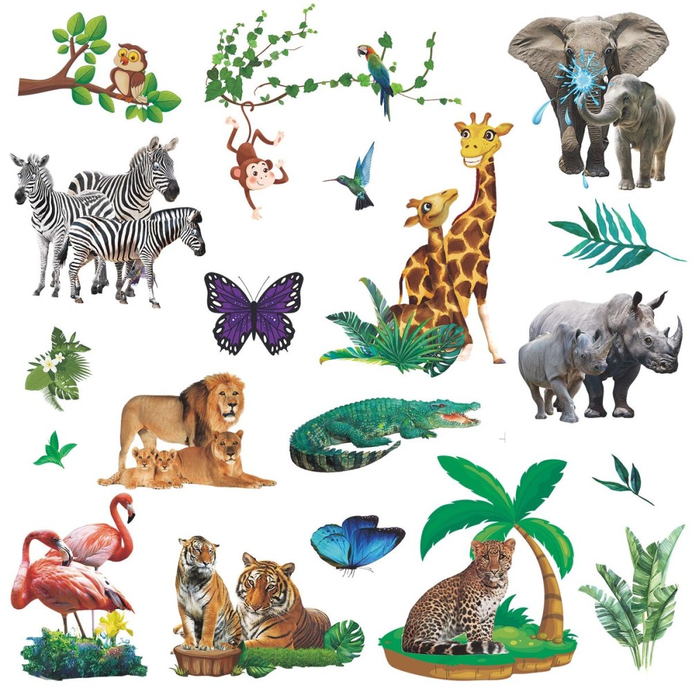 Amaonm Creative Giant Removable Cartoon Zoo Wild Jungle Animals 3D DIY Lion Giraffe Elephant Tree Wall Decals Nursery Decor for Kids Bedroom Living Room Playroom Classroom Hospital Decoration (b)