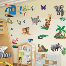 Amaonm Creative Giant Removable Cartoon Zoo Wild Jungle Animals 3D DIY Lion Giraffe Elephant Tree Wall Decals Nursery Decor for Kids Bedroom Living Room Playroom Classroom Hospital Decoration (b)