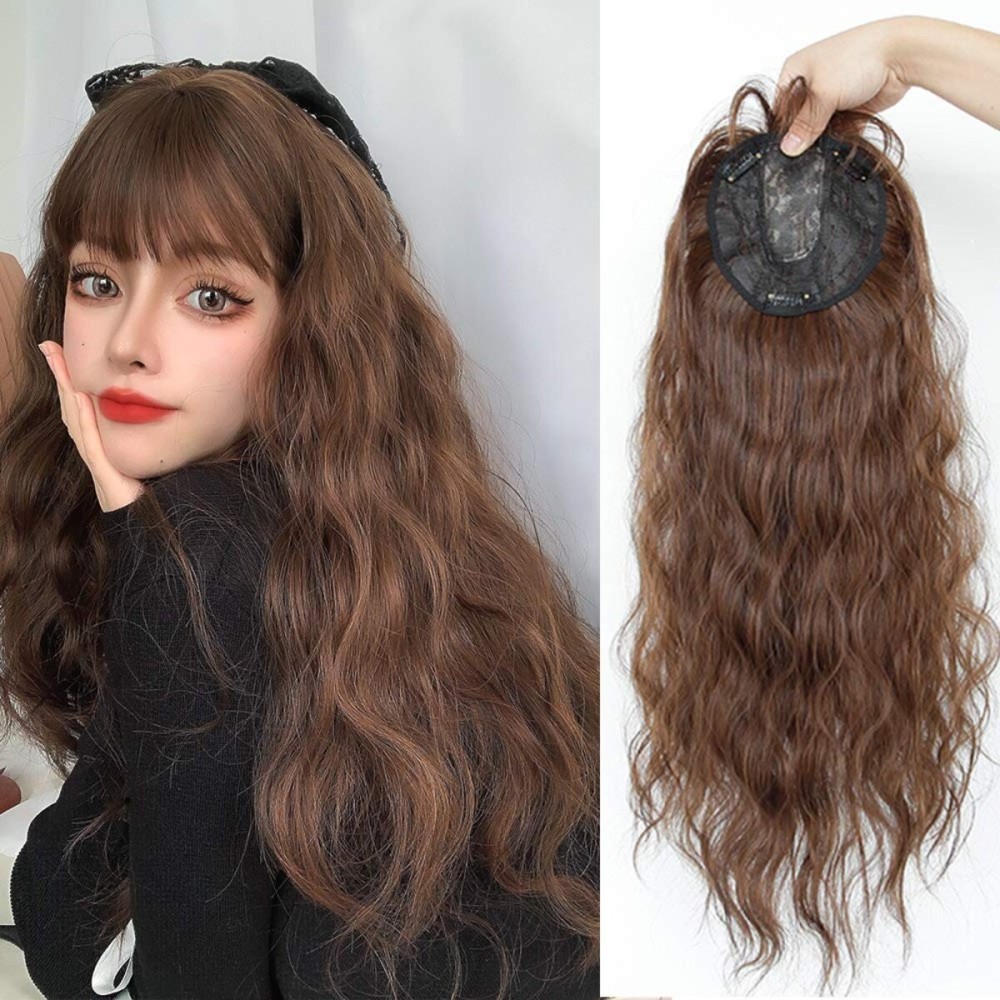 LesafeV 24 Long Full Topper Clip in Snythetic Hairpiece with Bangs Full Head Wear Curly Wavy Dark Brown