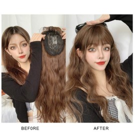 LesafeV 24 Long Full Topper Clip in Snythetic Hairpiece with Bangs Full Head Wear Curly Wavy Dark Brown