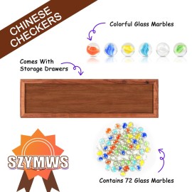 12.7 Inches Wooden Chinese Checkers Set with Storage Drawer -60 Glass Marbles in 6 Colors -12 Bonus Spare Marbles| Chinese Checkers Board Game for Kids and Adult