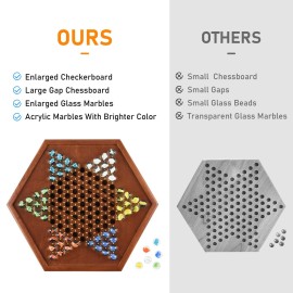 12.7 Inches Wooden Chinese Checkers Set with Storage Drawer -60 Glass Marbles in 6 Colors -12 Bonus Spare Marbles| Chinese Checkers Board Game for Kids and Adult
