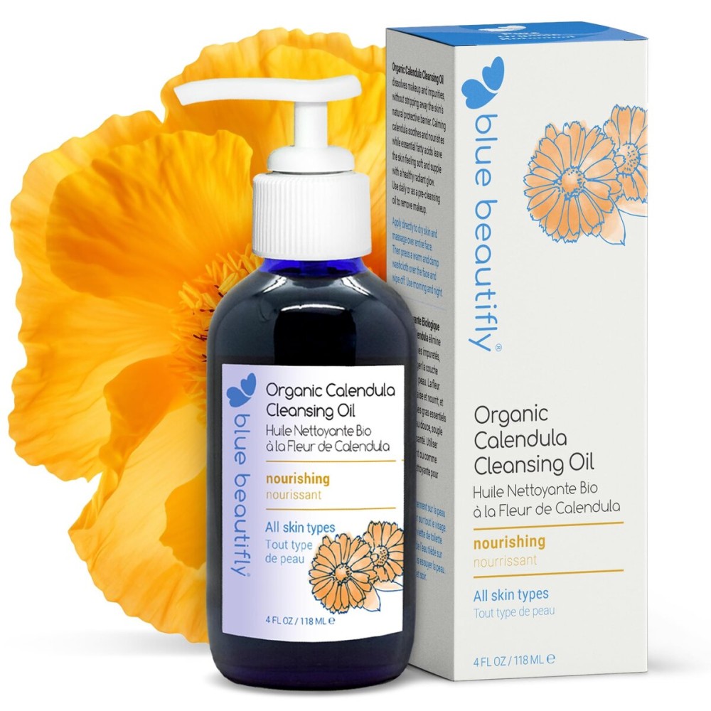 Blue Beautifly USDA Certified Organic Calendula Cleansing Oil - Removes Makeup, Cleanses Pores, and Restores Protective Barrier - Enriched with Apricot Oil and Turmeric Extract - 4 fl oz