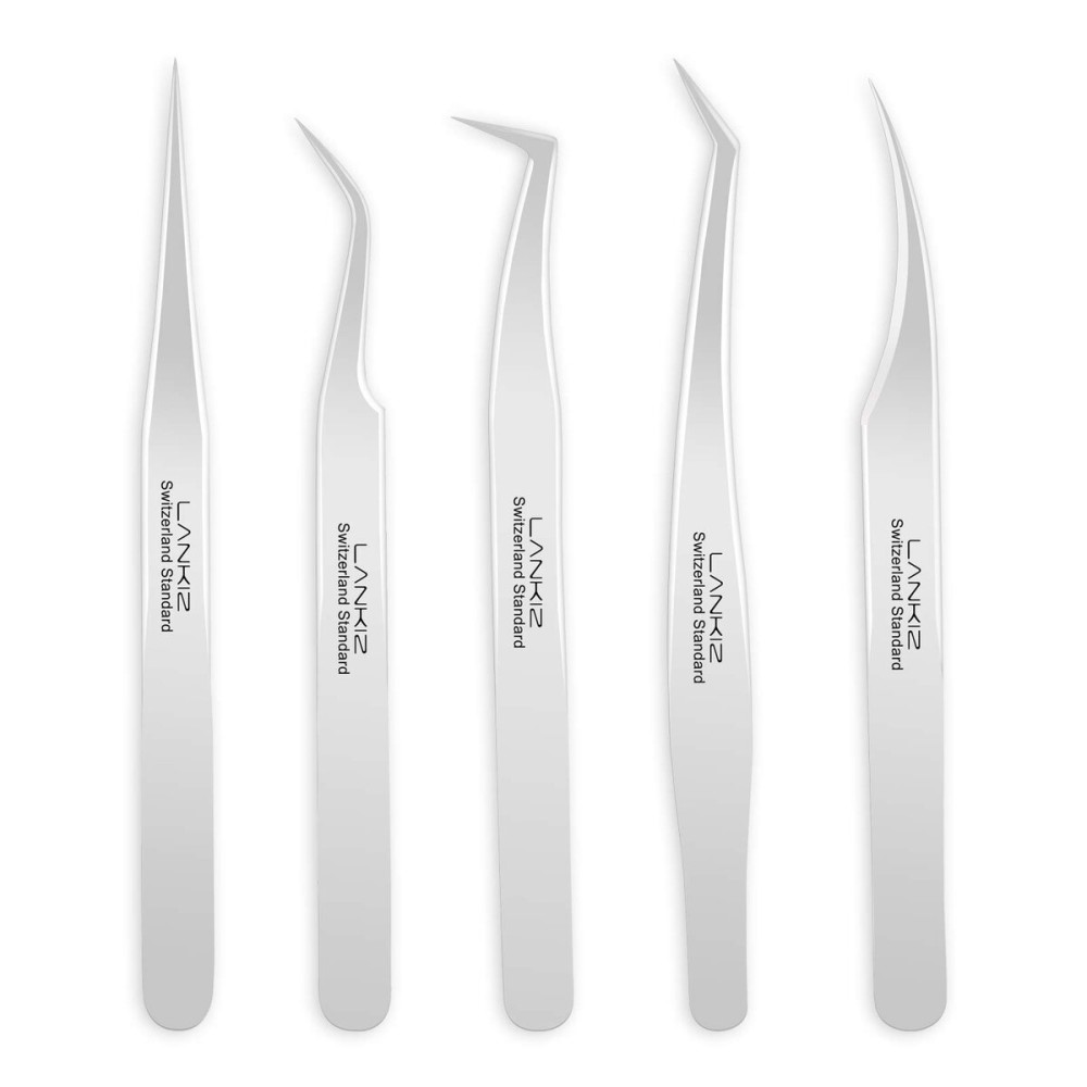 LANKIZ Eyelash Extension Tweezers Set 5 PCS for Volume Lash Extensions Stainless Steel Straight and Curved Tips Eyelash Tweezers for Extensions Isolation Fanning Applicator -Silver LANKIZ Eyelash Extension Tweezers Set 5 PCS for Volume Lash Extensions Stainless Steel Straight and Curved Tips Eyelash Tweezers for Extensions Isolation Fanning Applicator -Silver