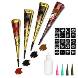 Tizoerly Temporary Tattoos Kit, 4Pcs Semi Permanent Tattoo Paste Cones, India Body DIY Art Painting for Women Men Kids, Freehand Plaste with 3 Colors, 20 Adhesive Stencil,1 Bottle,4 Nozzles