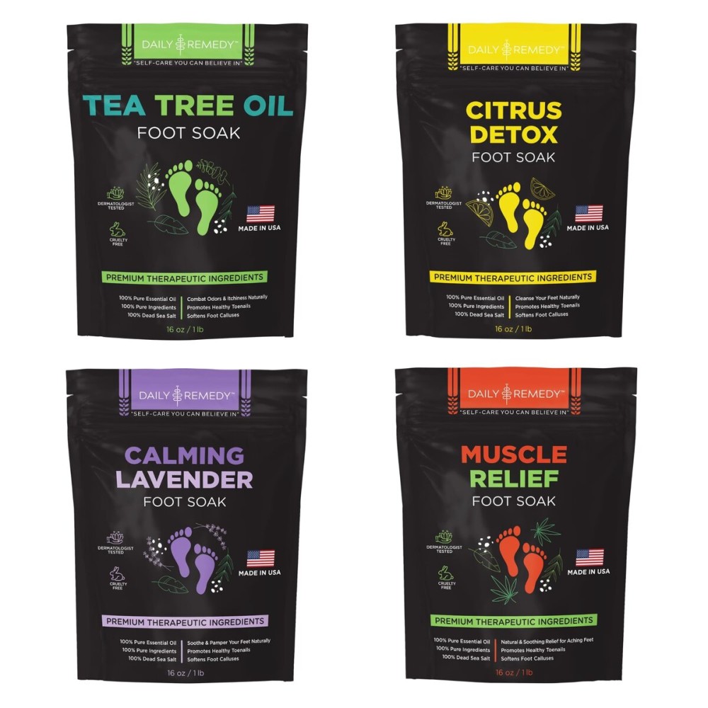 DAILY REMEDY Foot Soak Salts- Variety Pack of 4- Tea Tree Oil, Muscle Relief, Calming Lavender & Citrus Soak- For Foot Pain, Soreness, Athletes Foot, Odors, Calluses-Made In USA