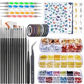 JOYJULY Nail Art Design Tools - 3D Decorations Kit with Brushes, Dotting Tools, Holographic Stickers, Nail Foil Tape, Rhinestones and Pick-Up Tweezers