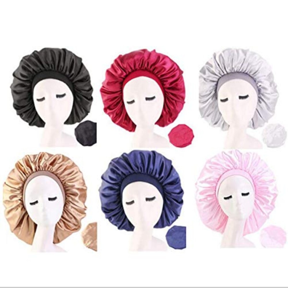Deepth 6 Pieces Extra Large Sleep Cap Jumbo Cap Large Satin Bonnet with Comfort Elastic Band (Solid 6pack)