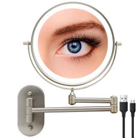 FASCINATE Rechargeable Lighted Makeup Mirror Wall Mount, 8\'\' Double Side 1X 10X Magnifying Makeup Mirror with Light, Extendable Vanity Mirror with 3 Color Modes, Touch Screen Dimming Bathroom Mirror
