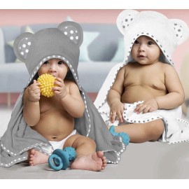 ELSVIN Set of 2 Hooded Baby Towels - White and Grey - Luxurious, Large and Super Absorbent - 30 x 30 Inch - Soft and Suitable for Infants, Toddlers and Kids - 400 GSM