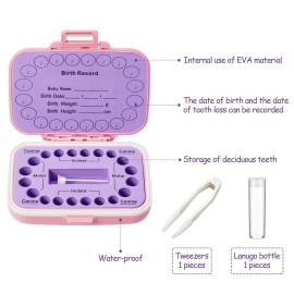 Baby Tooth Box Keepsake Box for Kids Teeth Storage Holder Baby Teeth Organizer Tooth Fairy Box with Baby Fetal Hair Container and Tweezer for Keeping The Child Memory (Purple-pink)