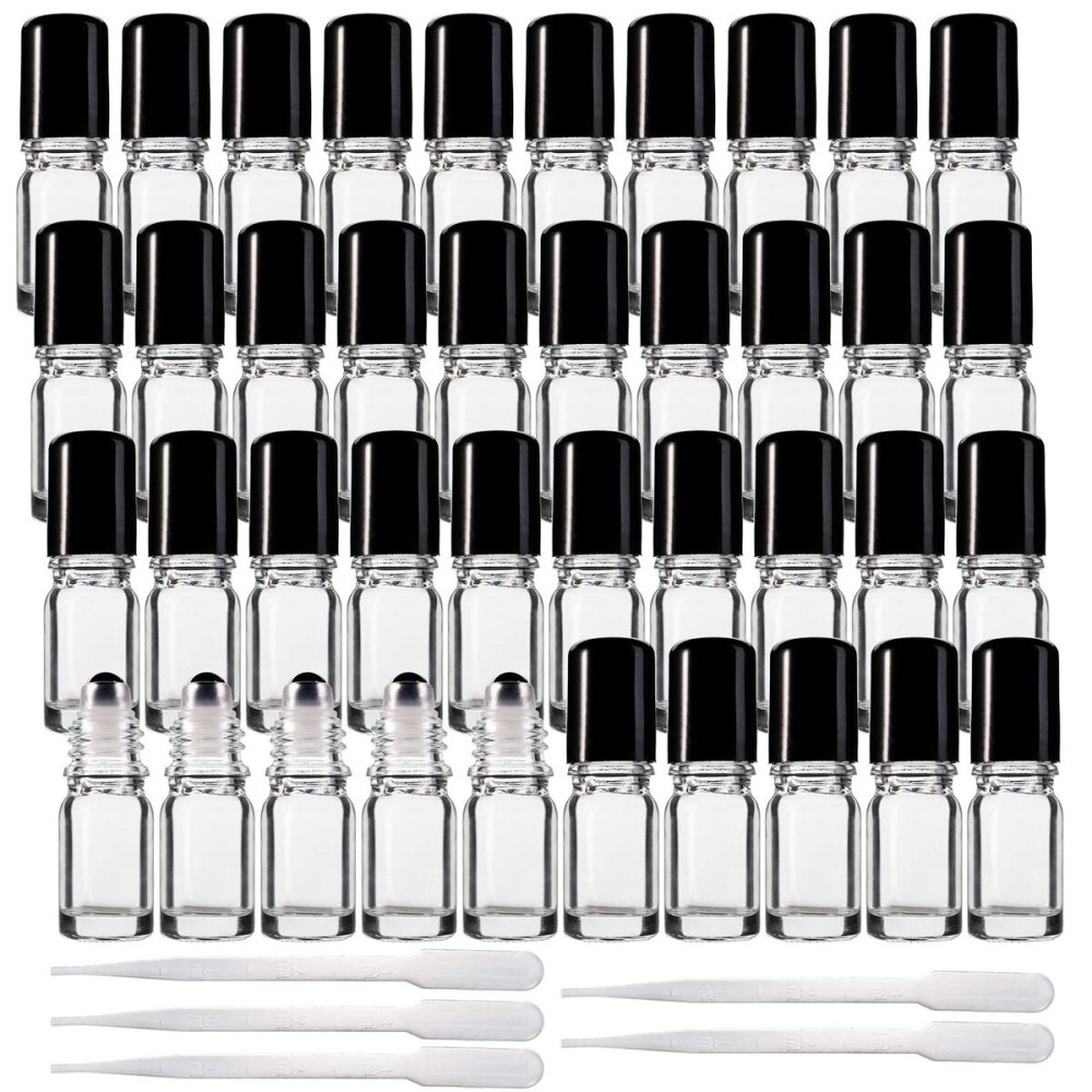 Jucoan 40 Pack 5ml Glass Essential Oil Roller Bottles with Stainless Steel Roller Ball, Leakproof Refillable Glass Roll-on Bottles for Travel Perfume Sample, 5 Droppers