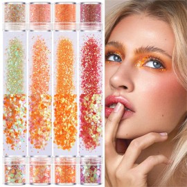 GABOX 8-Jar Sunset Orange Glitter Set, Holographic Fine Powder & 1mm & 2mm & 3mm Sequins Flakes Set for Cosmetic - Nail - Resin, Iridescent Art Glitter for Body, Face, Eyes, Hair & Crafts