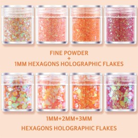 GABOX 8-Jar Sunset Orange Glitter Set, Holographic Fine Powder & 1mm & 2mm & 3mm Sequins Flakes Set for Cosmetic - Nail - Resin, Iridescent Art Glitter for Body, Face, Eyes, Hair & Crafts GABOX 8-Jar Sunset Orange Glitter Set, Holographic Fine Powder & 1mm & 2mm & 3mm Sequins Flakes Set for Cosmetic - Nail - Resin, Iridescent Art Glitter for Body, Face, Eyes, Hair & Crafts