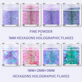 GABOX 8-Jar Mermaid Purple Glitter Set, Holographic Fine Powder & 1mm & 2mm & 3mm Sequins Flakes Set for Cosmetic - Nail - Resin, Iridescent Art Glitter for Body, Face, Eyes, Hair & Crafts GABOX 8-Jar Mermaid Purple Glitter Set, Holographic Fine Powder & 1mm & 2mm & 3mm Sequins Flakes Set for Cosmetic - Nail - Resin, Iridescent Art Glitter for Body, Face, Eyes, Hair & Crafts
