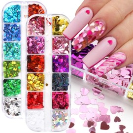 Macute Heart Nail Glitter Sequins Set of 24 Colors Holographic Heart Nail Confetti 3D Laser Heart Shape Nail Decals Flakes Ultra-Thin Nail Accessory Glitters Heart for Acrylic Nail Art Decor Charms