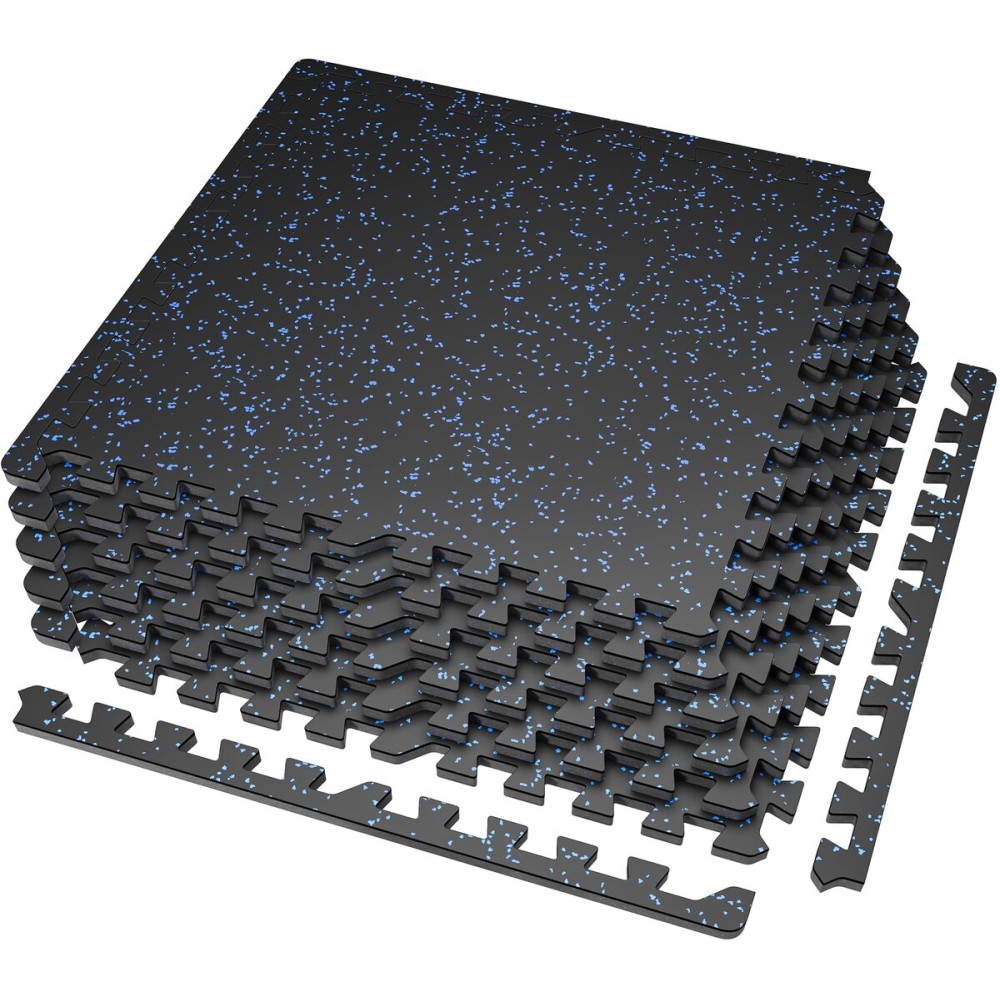 SUPERJARE 0.56\'\' Thick 6 Pcs 24 Sq Ft Rubber Top Exercise Equipment Mats, High Density EVA Foam Mats with Rubber Top, Interlocking Gym Flooring for Home Gym, Protective Workout Mat, Black/Blue