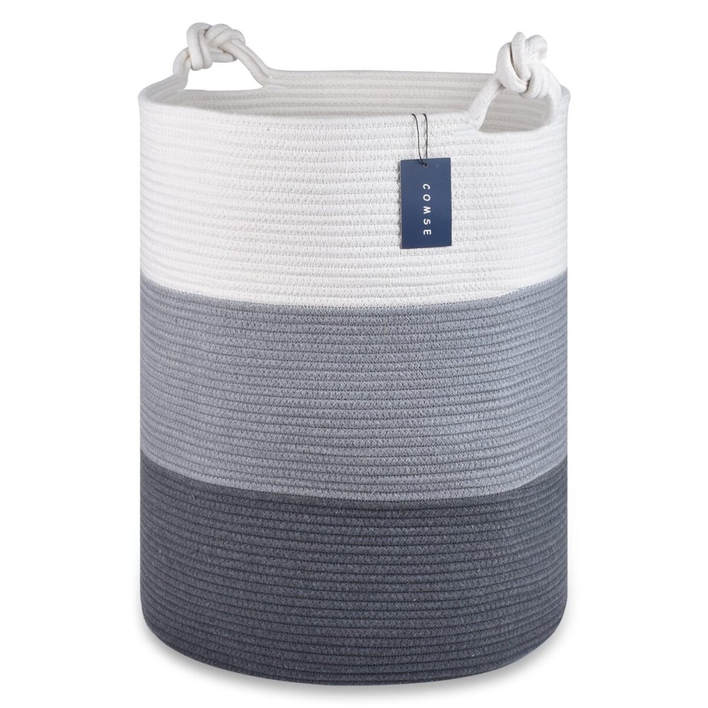 COMSE Laundry Hamper, Extra Large 15.7x 21.7, Cotton Rope Basket, Portable, White & Light Gray & Dark Gray