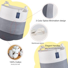 COMSE Laundry Hamper, Extra Large 15.7x 21.7, Cotton Rope Basket, Portable, White & Light Gray & Dark Gray