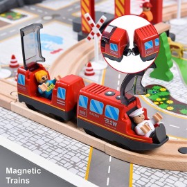 Giant bean Battery Operated Electric Locomotive Magnetic Train Set for Wooden Train Tracks, Powerful Engine Compatible with Most Brands, Wood Train Track Toys for Kids 3+