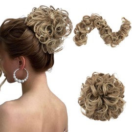 Benehair Messy Bun Scrunchie Hair Piece 32 inch DIY Wrap Around Ponytail Fluffy Pony Tail Curly Touseld Juva Bun Hairpiece Wavy Donut Synthetic Chignons for Women Light Brown to Ash Blonde 85g