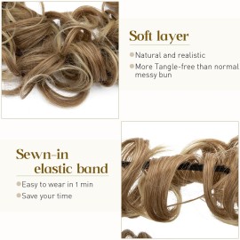 Benehair Messy Bun Scrunchie Hair Piece 32 inch DIY Wrap Around Ponytail Fluffy Pony Tail Curly Touseld Juva Bun Hairpiece Wavy Donut Synthetic Chignons for Women Light Brown to Ash Blonde 85g