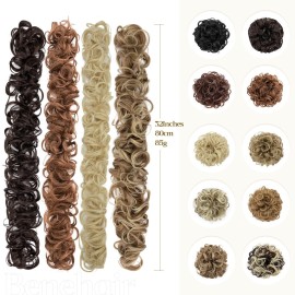 Benehair Messy Bun Scrunchie Hair Piece 32 inch DIY Wrap Around Ponytail Fluffy Pony Tail Curly Touseld Juva Bun Hairpiece Wavy Donut Synthetic Chignons for Women Light Brown to Ash Blonde 85g
