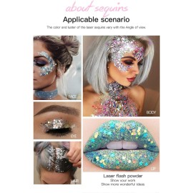 SEEWE Body Glitter Gel Mermaid Scale Sequins Skin Long Lasting Sparkling Cream Eyeshadow Lip Nail Hair Painting Glitter Decorate Art Festival Party Make up Powder (Silver)