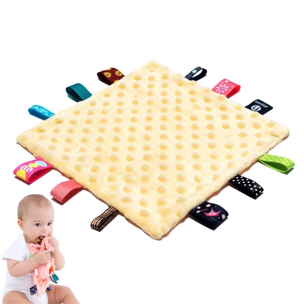 Baby Tags Security Blankets - Baby Soothing Plush Blanket with Colorful Tags, 10x10 Square Sensory Toys, Lovey for 3 Months+ Babies Boys and Girls (Yellow)
