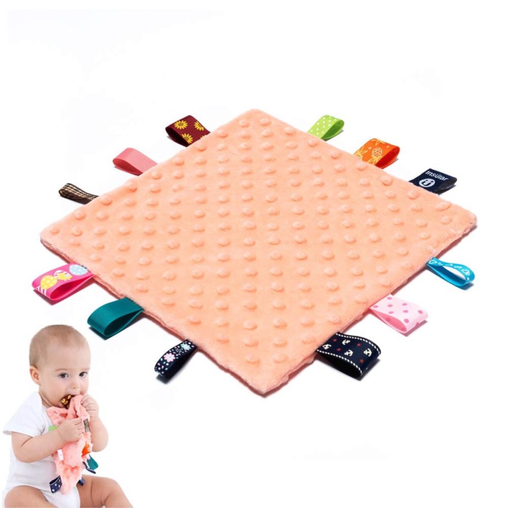 Baby Tags Security Blankets - Baby Soothing Plush Blanket with Colorful Tags, 10x10 Square Sensory Toys, Lovey for Babies Boys and Girls (Orange)