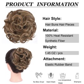 Elaine Hair Buns Hair Piece Messy Tousled Wavy Curly Scrunchies Synthetic Donut Updo Hairpieces for Women Girls (Light Reddish Brown & Pale Golden Blonde Highlights -77)