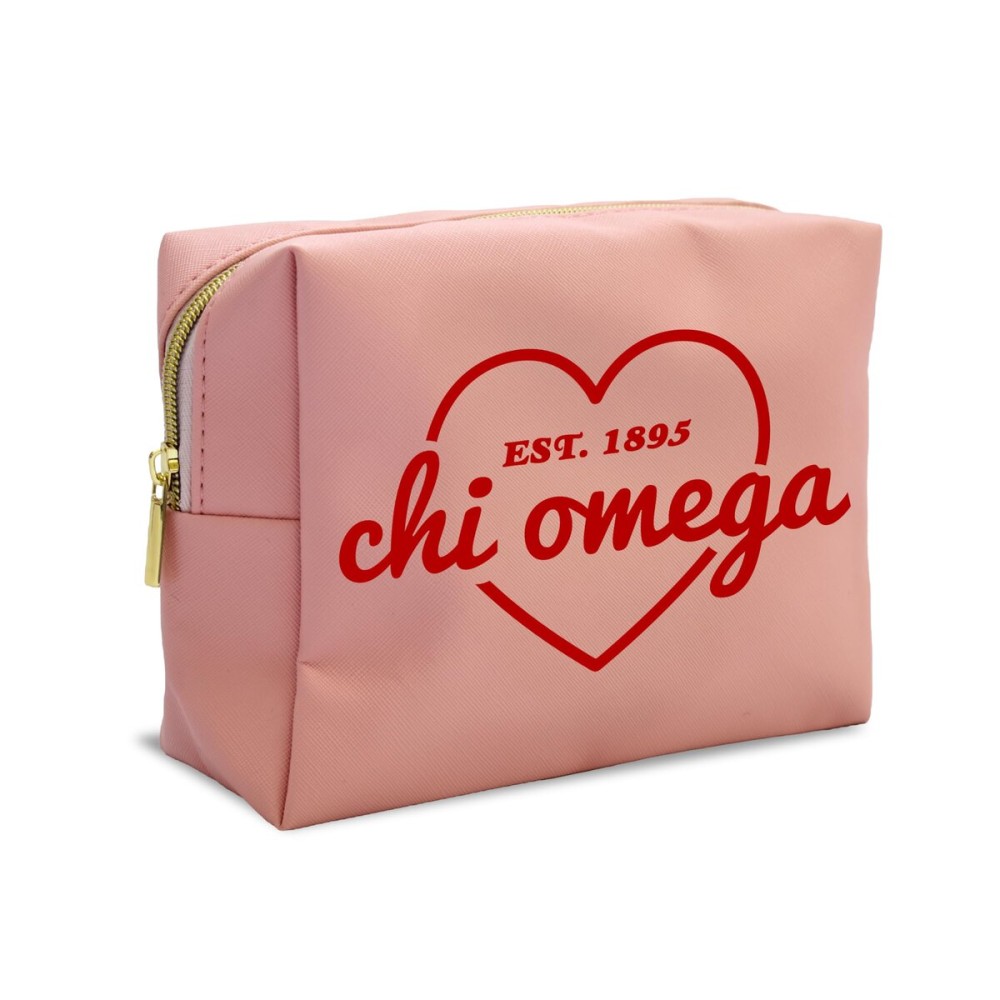 Sorority Shop Chi Omega Makeup Bag - Multi-Purpose PU Leather, Water-Resistant Makeup travel bag with Licensed Design and Zipper Closure, Perfect Chi Omega Sorority Gifts for Women