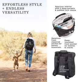 Petunia Pickle Bottom Cinch Convertible Diaper Bag Backpack for Busy Parents, Stylish, Spacious, & Secure, Fits All Essentials for Everyday Use or Travel (Midnight Leatherette)